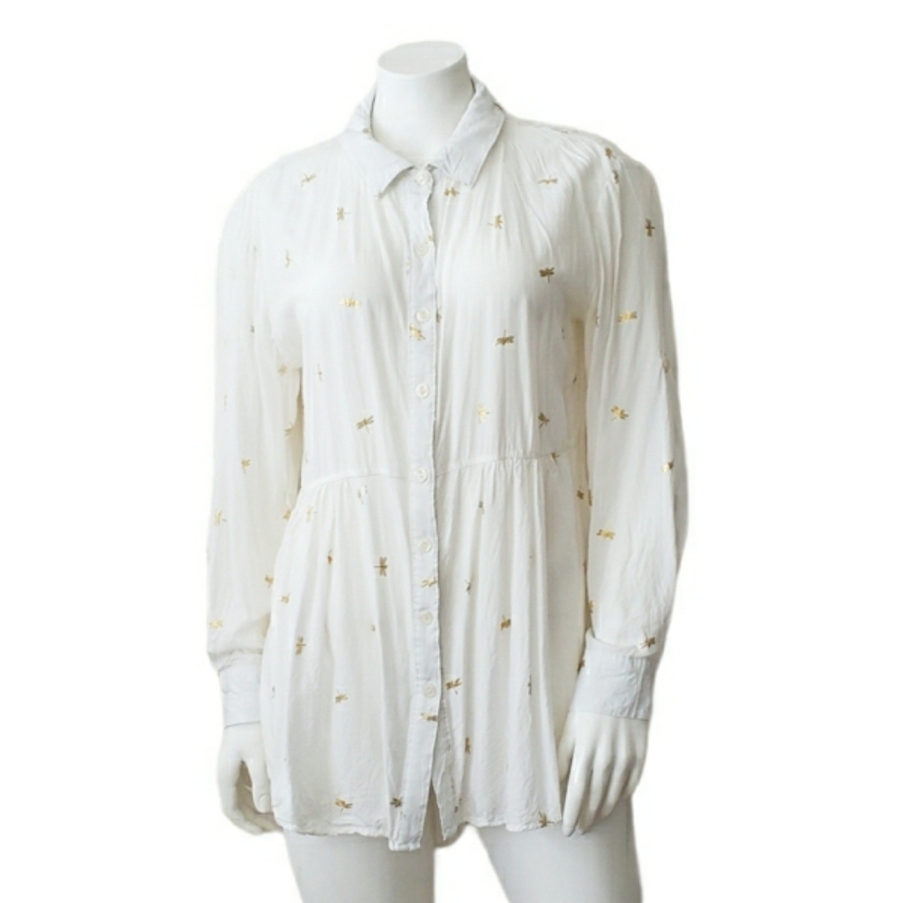 Gold Dragonfly White Tunic Top Blouse